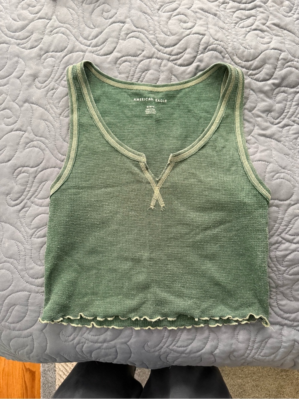 American Eagle Outfitters Sage Green Ribbed Cropped Tank with Contrast Trim